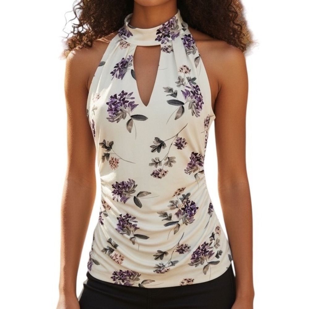 WHITE HOUSE BLACK MARKET Ecru w Cool Wisteria Floral Keyhole Halter Top NWT  XXS